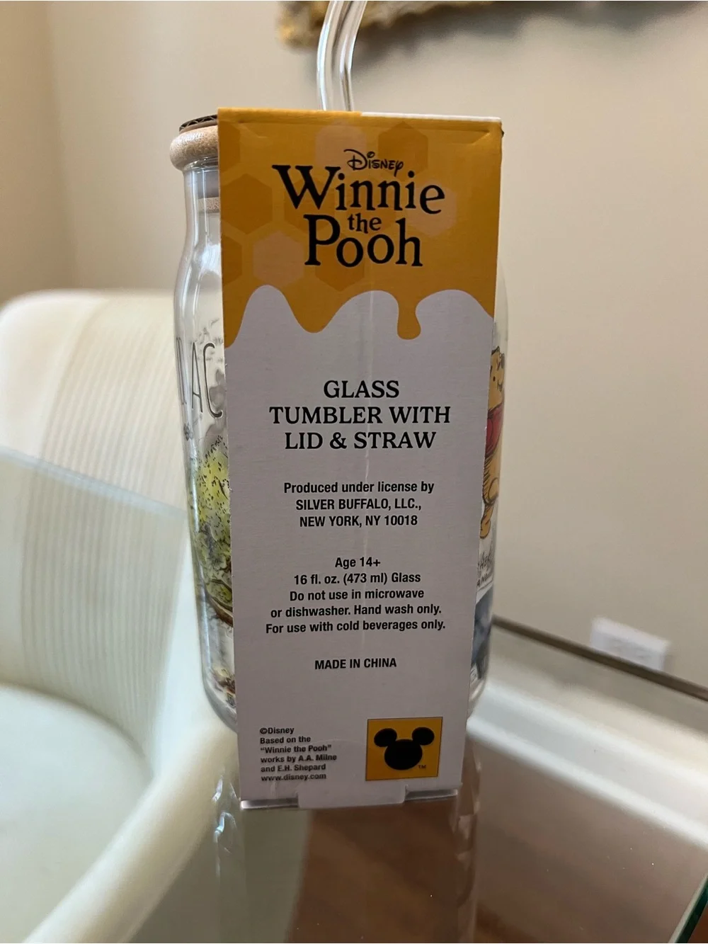 Disney Winnie the Pooh Glass Tumbler with Lid & Straw